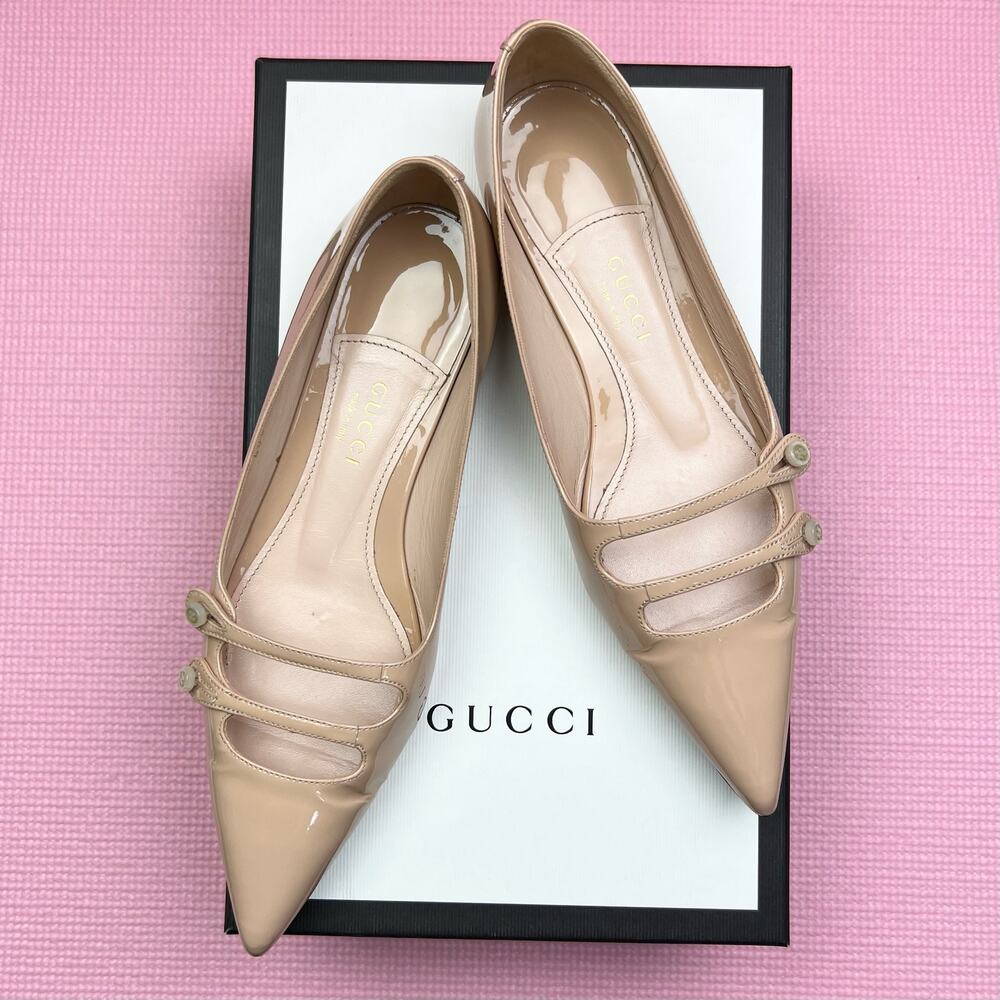 GUCCI Aneta Double Strap Patent Flat EU 36 US 6 Pink Apricot Pointed Toe Shoes